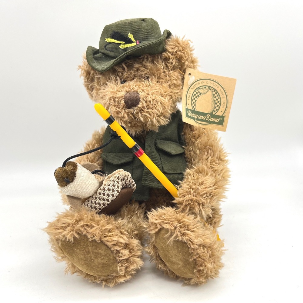 Harry and David Russ Fisherman Teddy Bear Russ Berrie Plush Fishing Hat Vest 9"